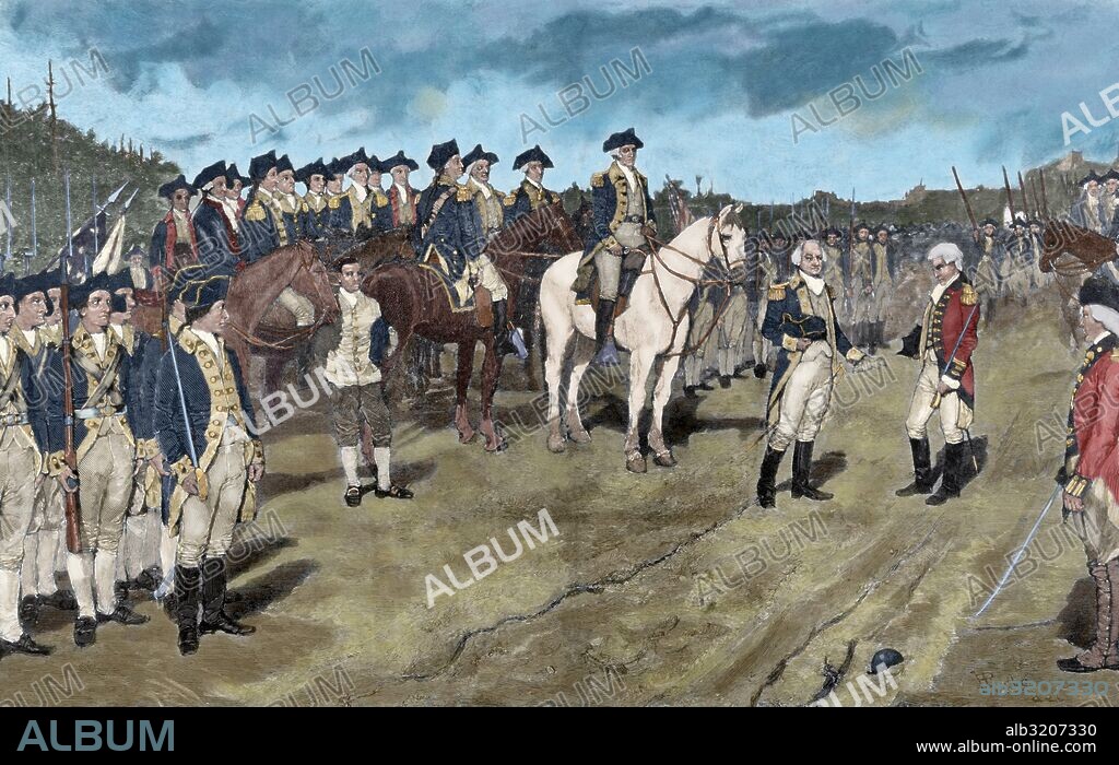 American Revolutionary War (1775-1783). Siege of Yorktown. Surrender of British Major General Lord Charles Cornwallis, (October 19, 1781). The action ends the Siege of Yorktown and virtually guarantees the American independency. Engraving. 19th century. Colored.