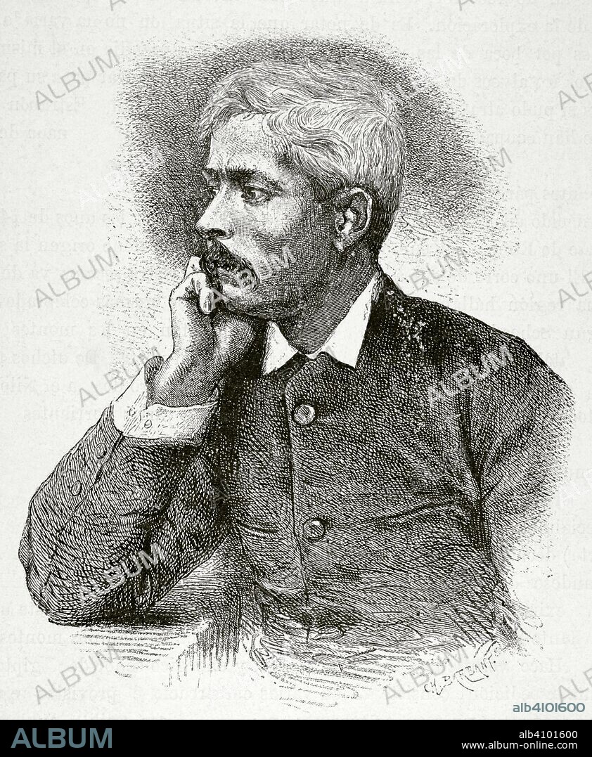 Henry Morton Stanley (1841-1904). Explorador y periodista británico nacionalizado estadounidense, famoso por sus expediciones al Africa Central. Grabado de Stanley a su regreso del Africa (dibujo a partir de una fotografía tomada en Simon's Town, Cabo de Buena Esperanza, en noviembre de 1877). Africa Inexplorada, El Continente Misterioso, por Henry Morton Stanley, h. 1887. Biblioteca Histórico Militar de Barcelona, Cataluña, España.