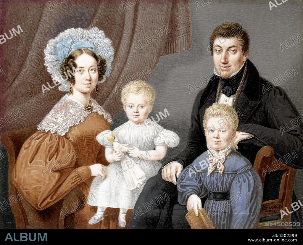 The Diederichs family, Portrait of the Diederichs family. Presented are the Amsterdam bookseller Pieter Arnold Diederichs (1804-74), his wife Alida Elisabeth Sligting (1801-71) the son Willem George Albrecht (1829-1901) with a book and the daughter Bertha, with a doll in their hands. Part of the collection of portrait miniatures., Cup and saucer, picture, painting, historical persons - BB - woman, Machteld Muilman, Willem Grebner (mentioned on object), 1836, ivory, h 14.3 cm × w 18.6 cm d 5.5 cm.