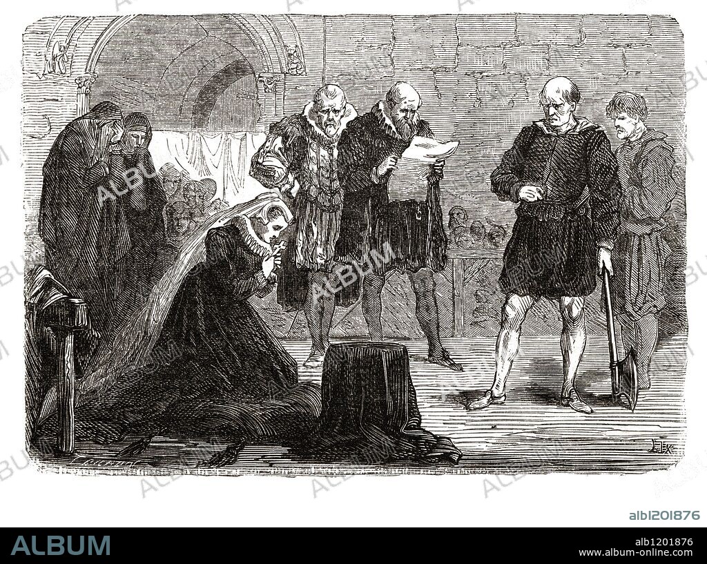 María Estuardo (1542-1587), Reina de Escocia. Fue acusada de conspirar contra Isabel I de Inglaterra, sentenciada a muerte y ejecutada. Grabado de 1866.