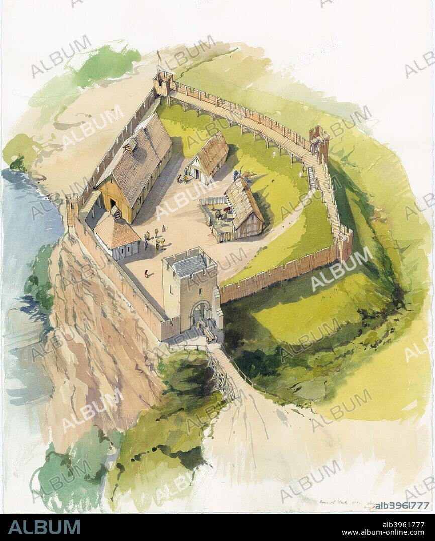 Barnard Castle, Durham, c1100. Reconstruction drawing of the inner ward  showing the stone gatehouse, timber buildings and curtain walls.