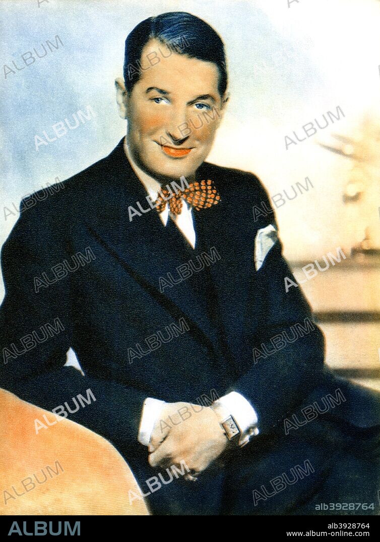 Maurice Chevalier, French actor and popular entertainer, 1934-1935. Chevalier (1888-1972) was a French actor and popular entertainer. His signature songs included Louise, Mimi, and Valentine. Chevalier's trademark was a casual straw hat, which he always wore on stage together with a tuxedo. In the 1950s his career enjoyed a renaissance when he appeared in 'Love in the Afternoon' (1957) and the popular musical 'Gigi' (1958) in which he sang Thank Heaven for Little Girls and I Remember it Well. Taken from Meet the Film Stars, by Seton Margrave. (London, 1934-1935).
