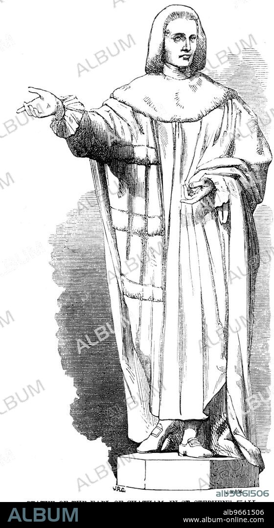 Statue of the Earl of Chatham, in St. Stephen's Hall, [Houses of Parliament, London]. MacDowell, sculptor, 1857. '...the statesman is represented in his robes, and speaking; the right hand raised, and the right leg thrown back. The face is thoughtful and expressive, reminding us of the justice of the remark that his eloquence - of the immediate effect of which there is no question - must have partaken very much of the only half-intellectual art of acting, and been indebted for his power to his voice, and other mere external advantages, as much as to any higher qualities Such was the orator and the statesman who for more than forty years filled so large a space in the public eye, and whose memory was associated with so much of popular principle and national glory. Mr. Macdowell has happily expressed the high-minded bearing of the great statesman'. From "Illustrated London News", 1857.
