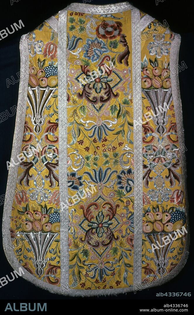 Chasuble, 18th century, Central Europe, Central Europe, Silk, weft-rib plain weave, embroidered in silk threads, gilt strip wound around a silk core, silk chenille threads, creped silk and metal coils in French knots, satin, outline and cross stitches, laid work, couching and paper padded couching, braid: silk and gilt strip wound around a silk core, plain weave with supplementary patterning wefts, lining: cotton, plain weave, glazed, 101.5 × 70.5 cm (40 × 27 3/4 in.).