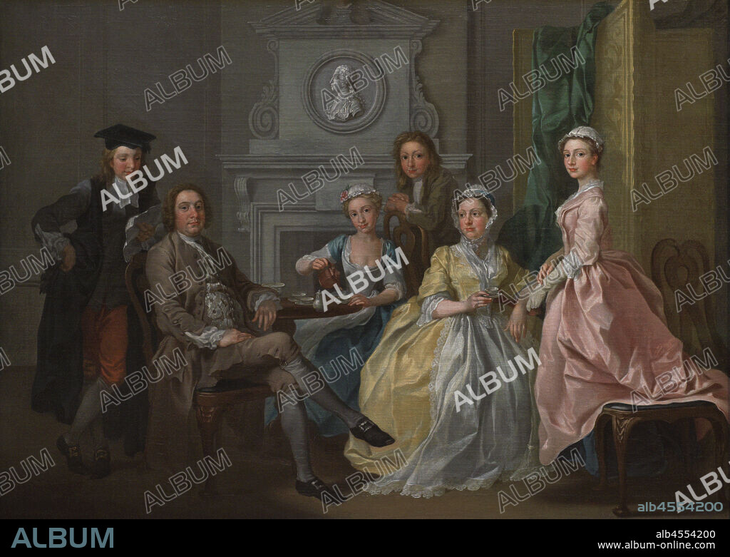 FRANCIS HAYMAN (1708-1776). ENGLISH PAINTER AND ILLUSTRATOR.. Jonathan Tyers and his family. Jonathan Tyers (1702-1767). Proprietor of Vauxhall Gardens from 1728. Painting by Francis Hayman (1708-1776) showing Tyers (seated) with Thomas Tyers (eldest son, standing behind him), Elizabeth Tyers (daughter; seated, serving a cup of tea), Elizabeth Tyers (his wife; seated, wearing an ochre dress) and Margaret Tyers (daughter, wearing a pink dress). Oil on canvas (77,8 x 106,2 cm), 1740. National Portrait Gallery. London, England, United Kingdom.
