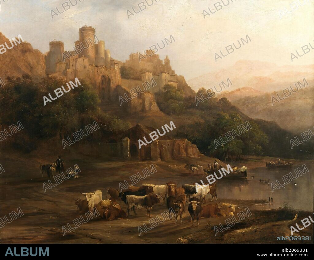 JENARO PEREZ VILLAAMIL. Genaro Pérez Villaamil Duguet / 'A Herd of Bulls by a River and a Castle Above', 1837, Spanish School, Oil on canvas, 90 cm x 114 cm, P06994.