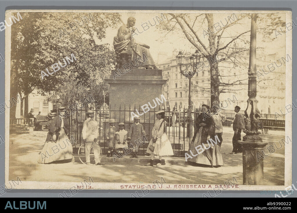 Statue of Jean-Jacques Rousseau in Geneva, Statue de J.J. Rousseau a Geneve (title on object), Auguste Garcin (mentioned on object), Jean-Jacques Pradier, Genève, 1853 - 1895, cardboard, paper, albumen print, height 66 mm × width 105 mm.