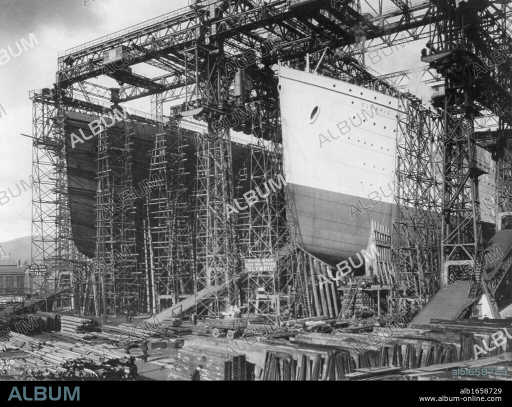 The White Star Line vessels Olympic and Titanic under construction in Harland and Wolff's shipyard, Belfast, Northern Ireland, 1909-1911.