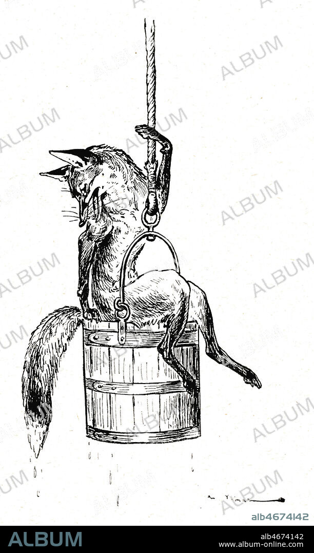 Renart remontant du puits. Illustration de Auguste VIMAR (1851-1916) vers 1910 pour Le Roman de Renard. Credit Collection Kharbine Tapabor.