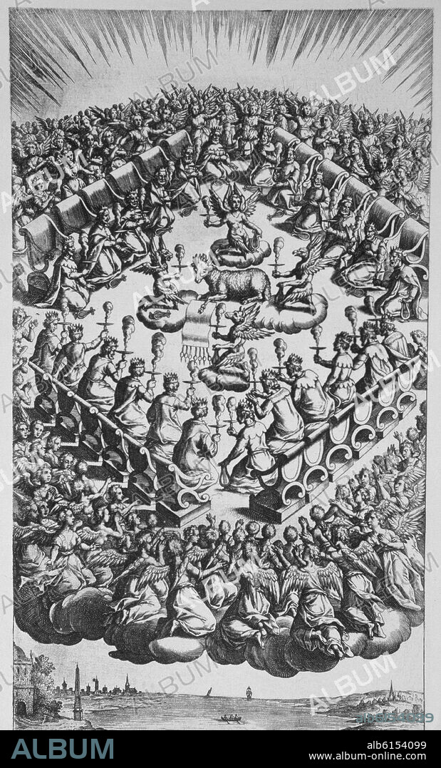LUIS DEL ALCAZAR (1554-1613). VESTIGATIO ARCANI SENSUS IN APOCALYPSI - GRABADO DEL CORDERO Y LOS CUATRO ANIMALES.