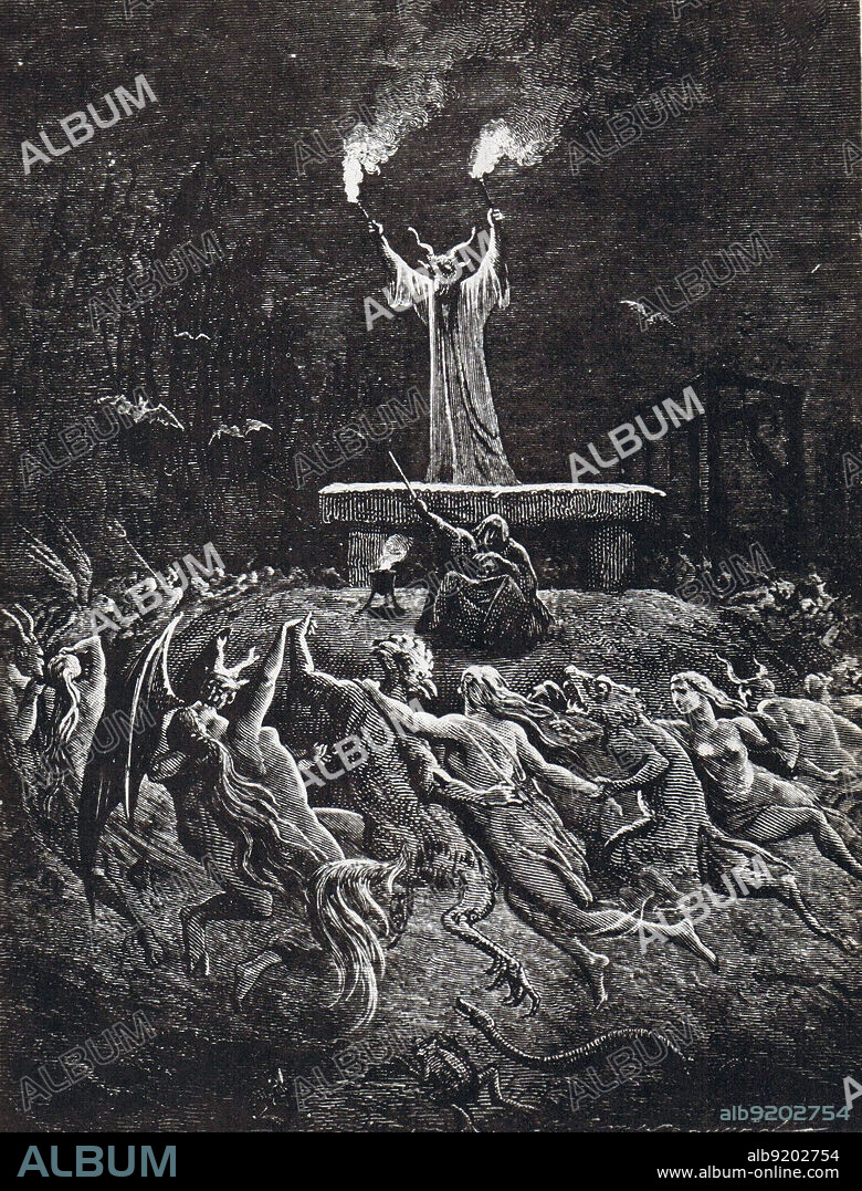 The Witches' Sabbath or Sabbat is a meeting of those who practice witchcraft and other rites. European records indicate cases of persons being accused or tried for taking part in Sabbat gatherings, from the Middle Ages to the 17th century or later. Witchcraft is the use of magical faculties, most commonly for religious, divinatory or medicinal purposes. This may take many forms depending on cultural context. The belief in and the practice of magic has been present since the earliest human cultures and continues to have an important religious and medicinal role in many cultures today. A witch is a person, usually a woman, who professes or is supposed to practice magic, especially black magic or the black art. French title: "La Danse Du Sabbat" from Histoire de la Magie illustration credited to P. Christian, 1884.