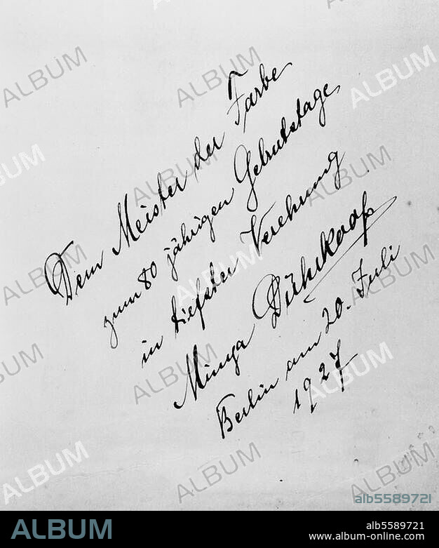 Dührkoop, Minya; 1873-1929. - Autograph "Dem Meister der Farbe zum 80 jährigen Geburtstage (..) Minya Dührkoop / Berlin am 20. Juli 1927". (Widmung an den Maler Max Liebermann, 1847-1935). Auf Passepartout-Karton, ursprünglich zugehörig zu zwei Handabzügen Minya Dührkoops mit Porträtaufnahmen Liebermanns. Berlin, Sammlung Archiv für Kunst und Geschichte.