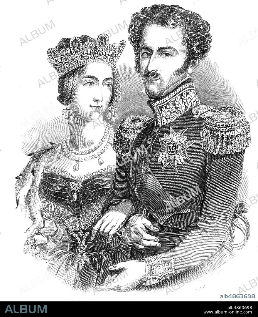 Their Majesties the King and Queen of Sweden and Norway, 1844. Portrait of Josephine of Leuchtenberg and Oscar I of Sweden. From "Illustrated London News", 1844, Vol I.