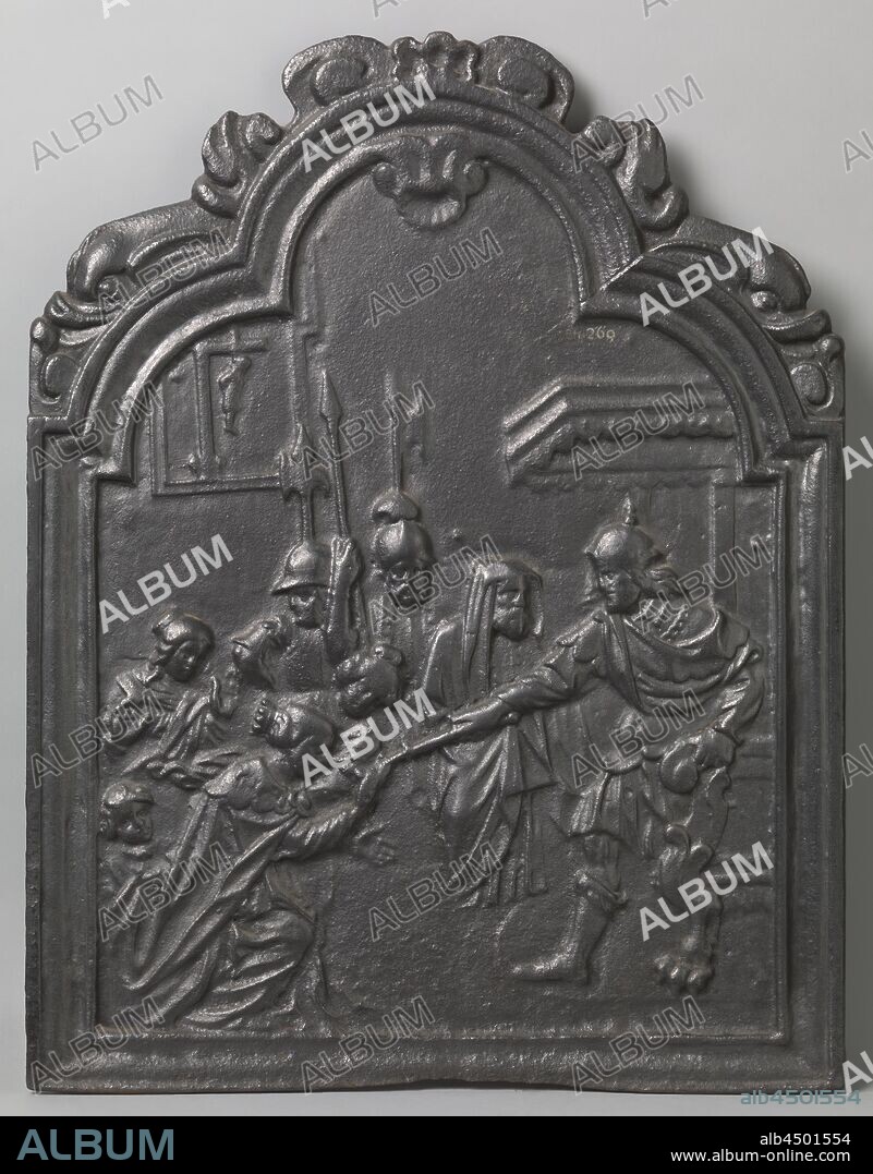 Hearth plate depicting Esther kneeling in front of Ahasuerus, Hearth plate made of cast iron depicting Esther, bowing to King Ahasuerus, who stands up slightly from his throne and sticks his scepter towards her. Behind Esther are some maidservants and soldiers. Mordecai is right next to the throne. Haman can be seen in a rear view through the gallows. The whole is closed at the top with a triple shape and crowned with shell motifs and two dolphins, Esther before Ahasuerus (Esther 5: 1-4), anonymous, Germany, 1650 - 1700, iron (metal), founding, h 73.0 cm × w 56.0 cm × w 26 kg.