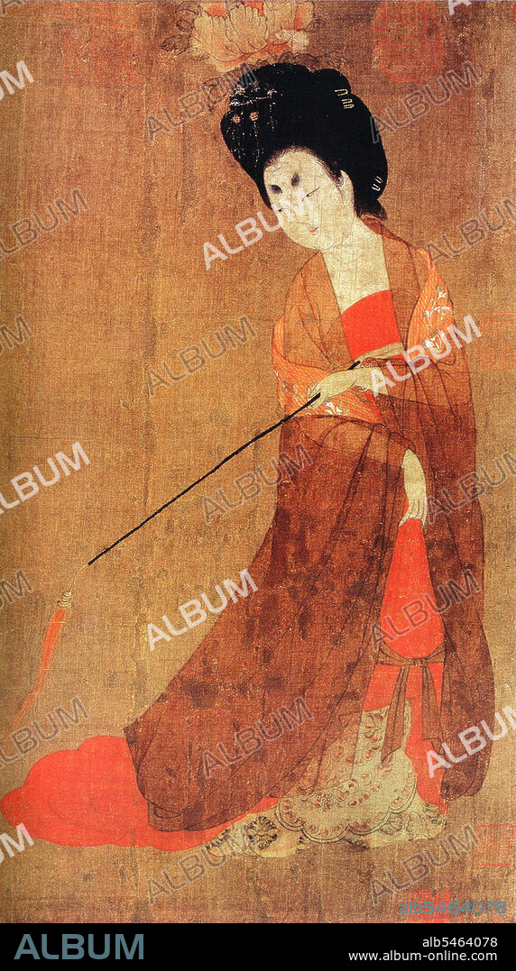 China: 'Court Ladies Wearing Flowered Headdresses'. Detail of handscroll painting by Zhou Fang (c. 730-800), late 8th century. Consort Yang Yuhuan  (719-756), often known as Yang Guifei (Guifei being the highest rank for imperial consorts), known briefly by the Taoist nun name Taizhen, is famous as one of the Four Beauties of ancient China. She was the beloved consort of Emperor Xuanzong of Tang during his later years. During the Anshi Rebellion, as Emperor Xuanzong was fleeing from the capital Chang'an, she was murdered because his guards blamed her cousin Yang Guozhong for the rebellion.