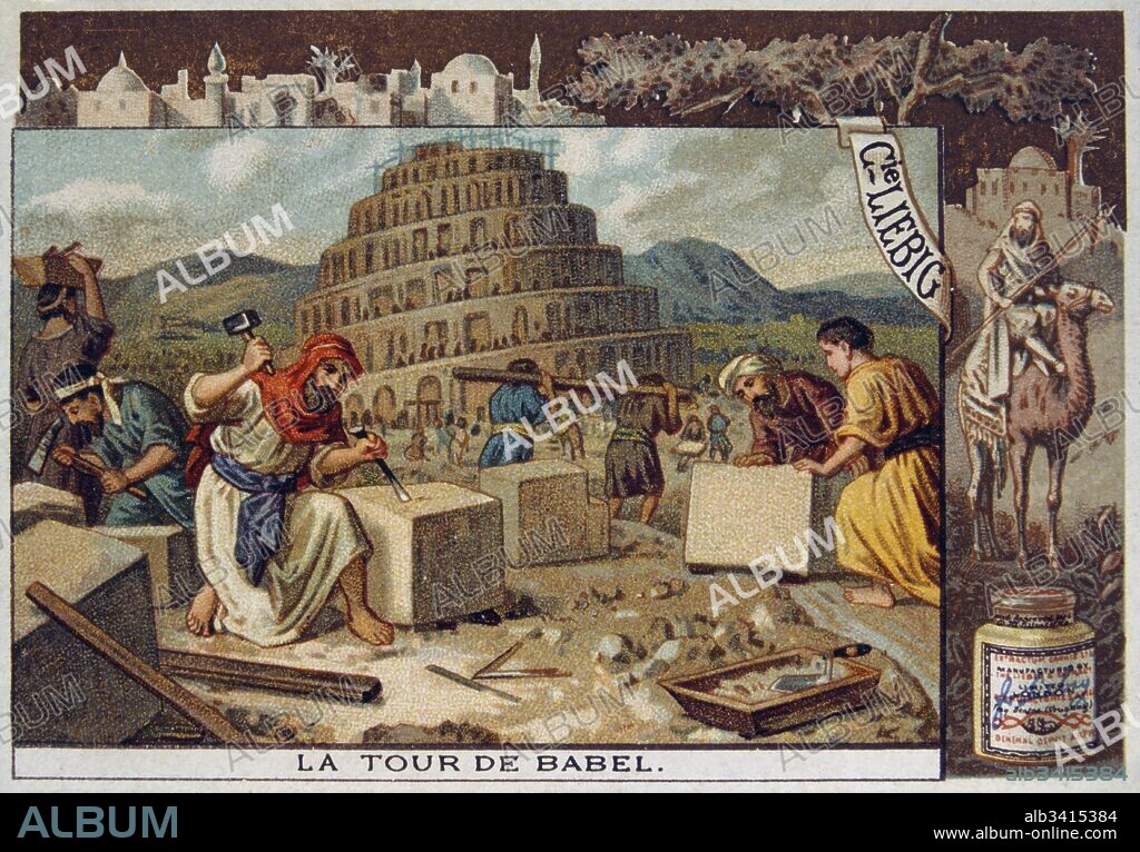 Leibig card depicting a bible scene: The tower of Babel. The Tower of Babel is meant to explain why the world's peoples speak different languages. According to the story, a united humanity in the generations following the Great Flood, speaking a single language and migrating eastward, comes to the land of Shinar to build a city and a tower tall enough to reach heaven. God, observing their city and tower, confounds their speech so that they can no longer understand each other, and scatters them around the world..