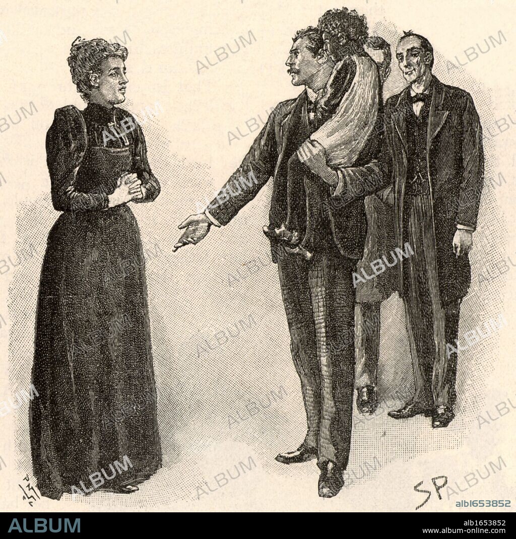 The Adventure of the Yellow Face'. Holmes, right, looks on as Jack Grant Munro accepts the coloured child of his wife's first marriage as his own. From "The Adventures of Sherlock Holmes" by Conan Doyle from "The Strand Magazine" (London, 1893). Illustration by Sidney E Paget, the first artist to draw Sherlock Holmes. Engraving.  (Photo by: Universal History Archive/UIG via Getty Images).