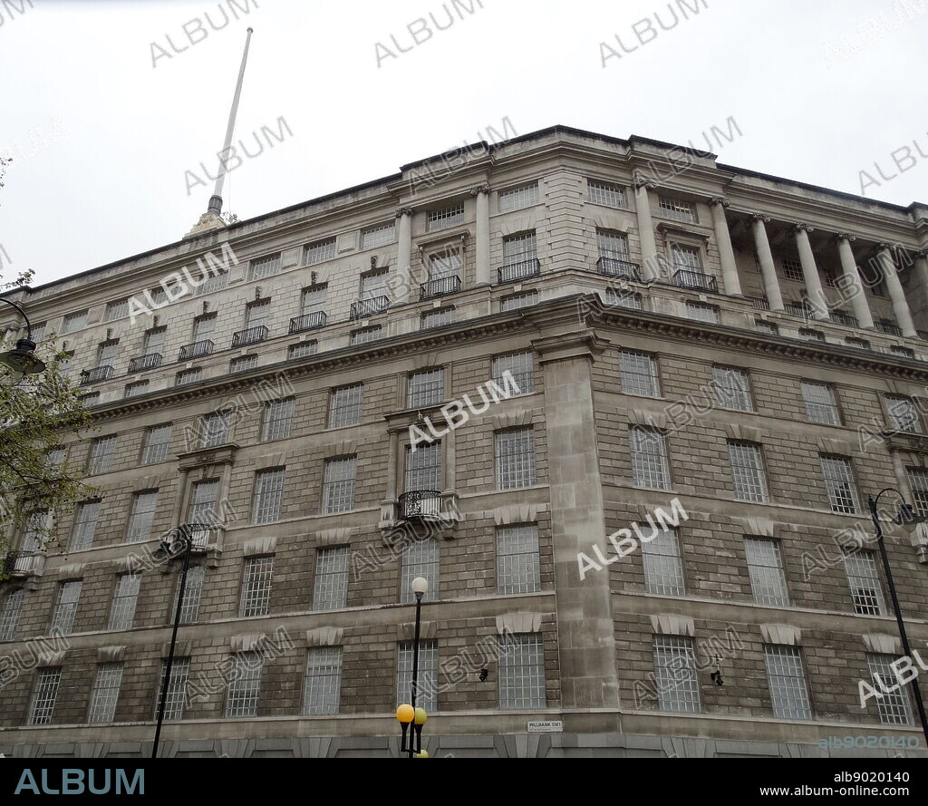 Thames House, Millbank, London, on the north bank of the River Thames adjacent to Lambeth Bridge. Headquarters of MI5 (UK Security Service). Dated 2015.