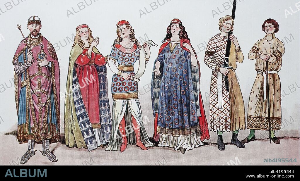 Clothing, fashion in Germany, men and women in the 11th-12th century, from the left, King Rudolf of Swabia in the coronation robe, then three women in costumes of the 11th century, a sword-bearer at the time of the Crusades and a noble young man in a long coat with a belt, digital improved reproduction of an original print from the 19th century.