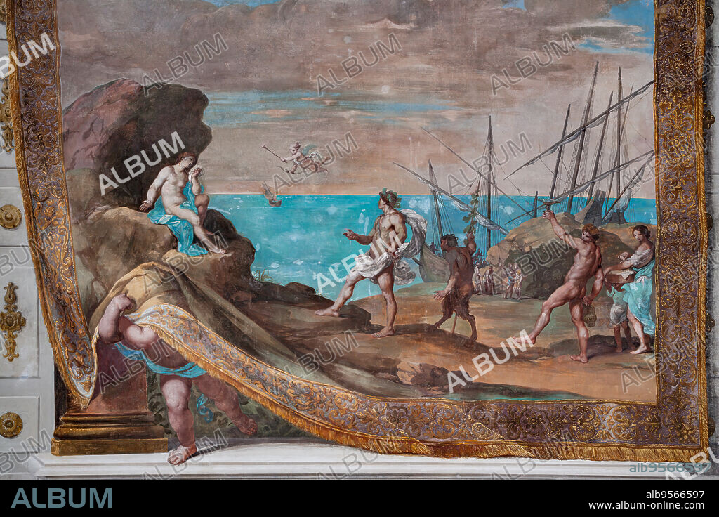 Sassuolo, Este Ducal Palace, the Bacchus Gallery: Bacchus reaches Ariadne abandoned by Theseus on the island of Naxos. The faux tapestry raised by a putto which remains almost totally hidden by it, depicts a seascape dominated by a rock on which Ariadne sits. On the right, Bacchus tries to console her for Theseus' flight; behind him some satyrs and ships. It is one of the forty-one panels with scenes painted by Jean Boulanger which narrate the events of Bacchus. Wall tempera painting, 1650 - 52.