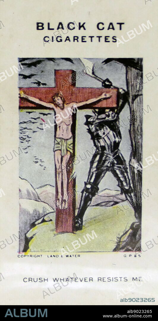 Black Cat Cigarettes, World war One, propaganda card showing: a German Teutonic Knight attacking anything including a crucified Christ.