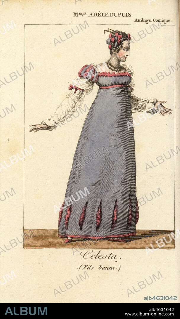 French actress Mlle. Adele Dupuis (Antoinette Nicole Dupuis, 1780-1847) as Celesta in Le Fils Banni by Frederic Dupetit-Mere at the Ambigu Comique, Paris. Handcoloured copperplate engraving from Charles Malo's Almanach des Spectacles par K. Y. Z, Chez Louis Janet, Paris, 1819.