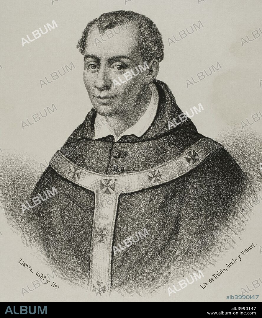 Antonio Agustín (1517-Tarragona, 1586), conocido como Augustinus. Eclesiástico español humanista, polígrafo y precursor del estudio histórico de las fuentes del Derecho. Dibujo por Llanta. Litografía. Crónica General de España, Historia Ilustrada y Descriptiva de sus Provincias. Cataluña, 1866. Biblioteca Histórico Militar de Barcelona. Cataluña, España.