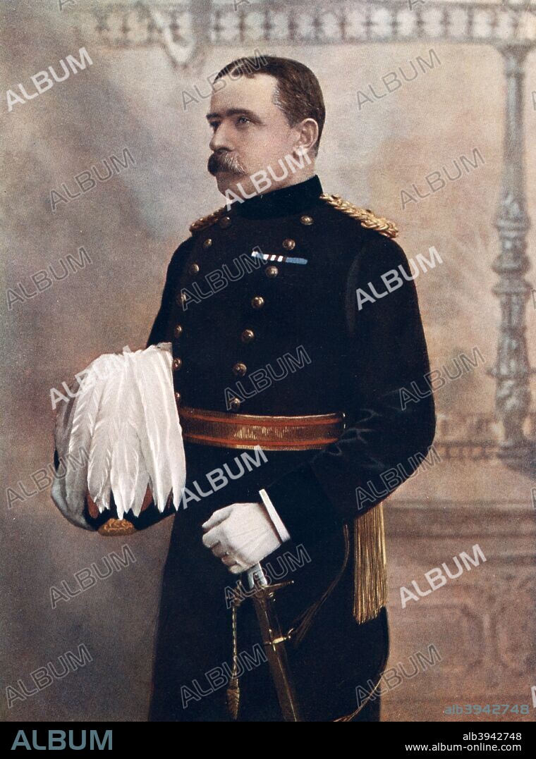 Lieutenant-General JDP French, Commanding Cavalry Division, South Africa Field Force, 1902. John Denton Pinkstone French (1852-1925) went on to be made a Field Marshal and was commander-in-chief of the British Expeditionary Force (BEF) at the outbreak of the First World War but was relieved of his command in September 1915. He oversaw the suppression of the Easter Rising in Ireland in 1916 and was created Earl of Ypres in 1922. Portrait from Celebrities of the Army, published by George Newnes, (London, 1902).