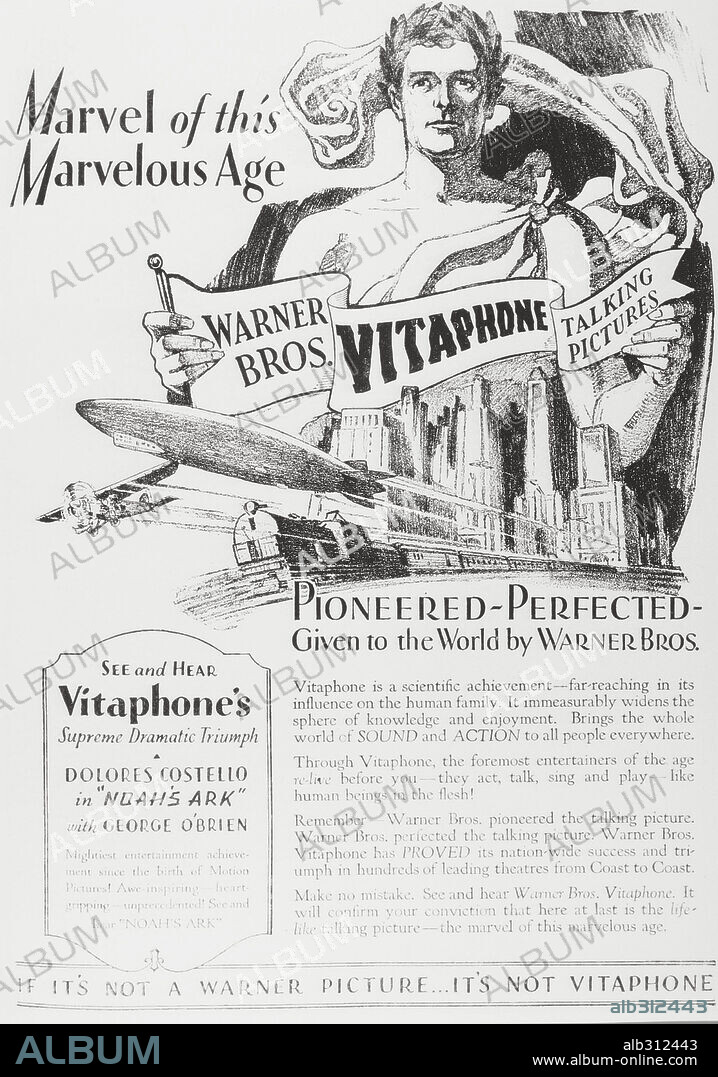 HISTORIA DEL CINE: WARNER BROTHERS (FILM HISTORY: WARNER BROTHERS). Publicidad de la Warner Bros del novedoso sistema de sonido Vitaphone que permite ver y oír películas. Junto a la invención se anuncia el estreno de la superproducción "El arca de Noé" (1928), de Michael Curtiz.