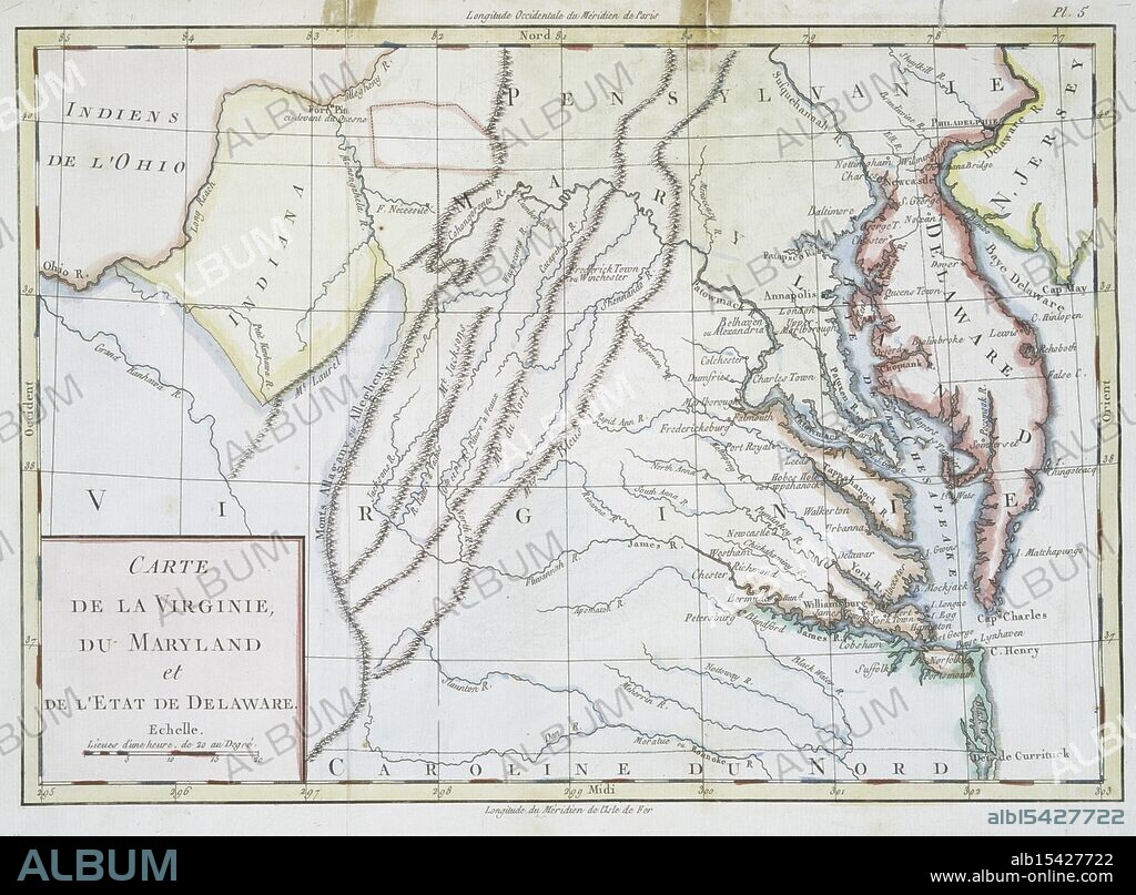 Carte de la Virginie, du Maryland et de l'etat de Delaware., 1782, Date Issued: 1782, (Questionable), Place: Bruxelles :, Publisher: s.n., Delaware, Maps, Early works to 1800, Maryland, Maps, Early works to 1800, Virginia, Maps, Early works to 1800, Extent: 1 map: hand col., 22 x 32 cm., Ancient lands laid bare, Terra firma, ink and pride, History's sweet soil.