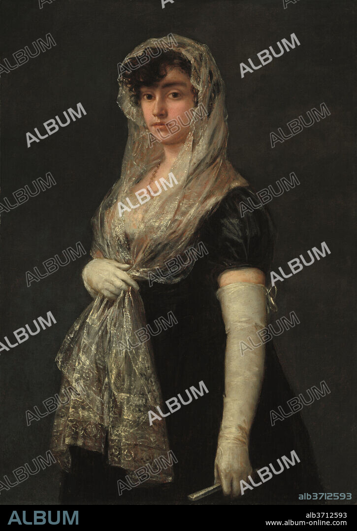 FRANCISCO DE GOYA. Young Lady Wearing a Mantilla and Basquina. Dated: c. 1800/1805. Dimensions: overall: 109.5 x 77.5 cm (43 1/8 x 30 1/2 in.)  framed: 125.4 x 93.6 x 6 cm (49 3/8 x 36 7/8 x 2 3/8 in.). Medium: oil on canvas.