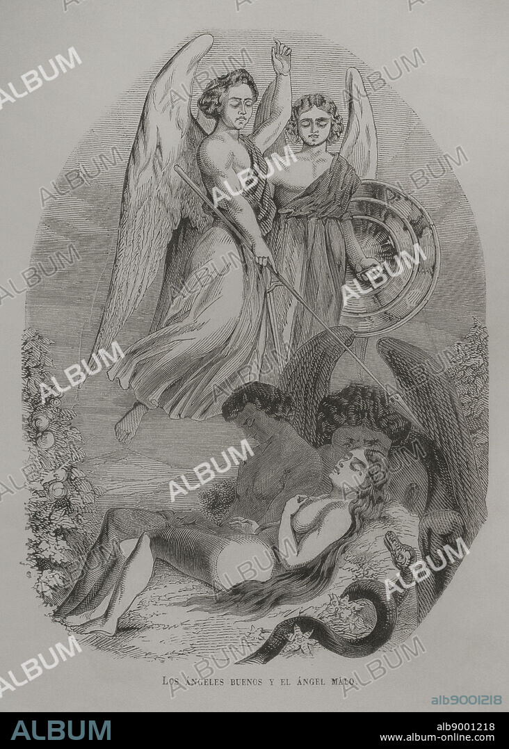 The good angels and the bad angel. Engraving. "Los Héroes y las Grandezas de la Tierra". Volume I. 1854.