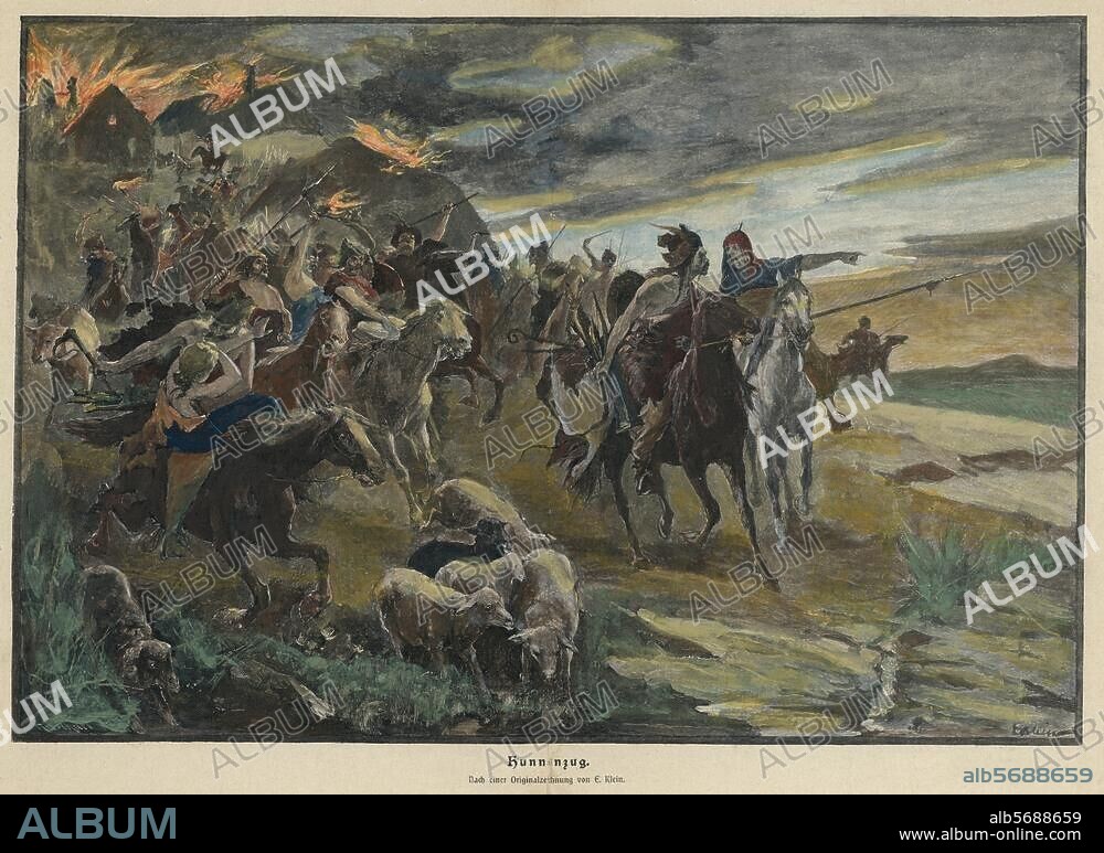 zu: Attila (Etzel), König der Hunnen, gest. 453. "Hunnenzug". (Einfall der Hunnen in Europa). Holzstich, um 1890, nach Gemälde von Friedrich Emil Klein (1841-1921); spätere Kolorierung.