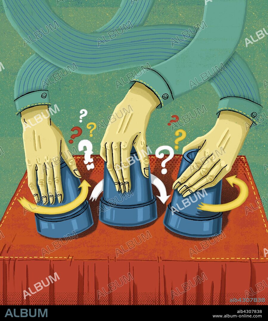 Intertwined arms playing cup and ball guessing game.
