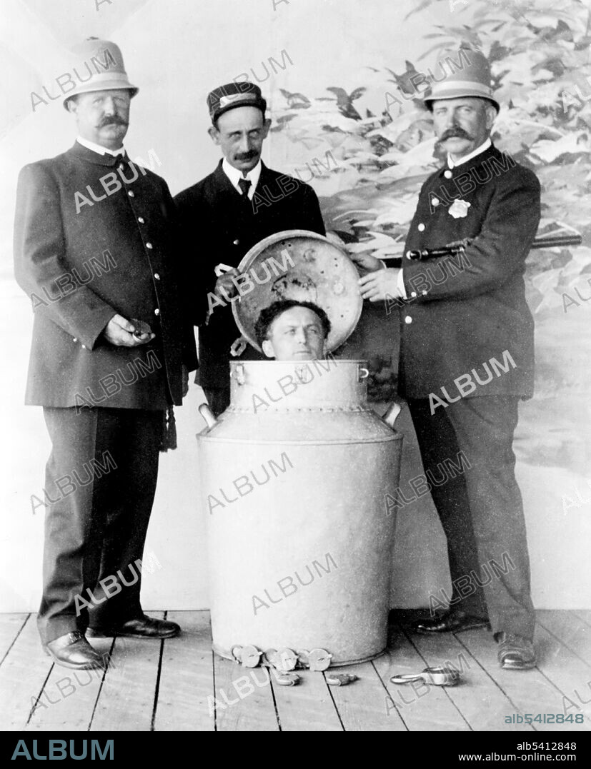Houdini introduced his escape from a giant milk can filled with water in St. Louis in 1908. That same year he took the wildly popular new feat on tour in the United States, England, and Germany. Harry Houdini (1874 - 1926) was a Hungarian-American illusionist and stunt performer, noted for his sensational escape acts. No photographer credited, 1908 (cropped and cleaned).
