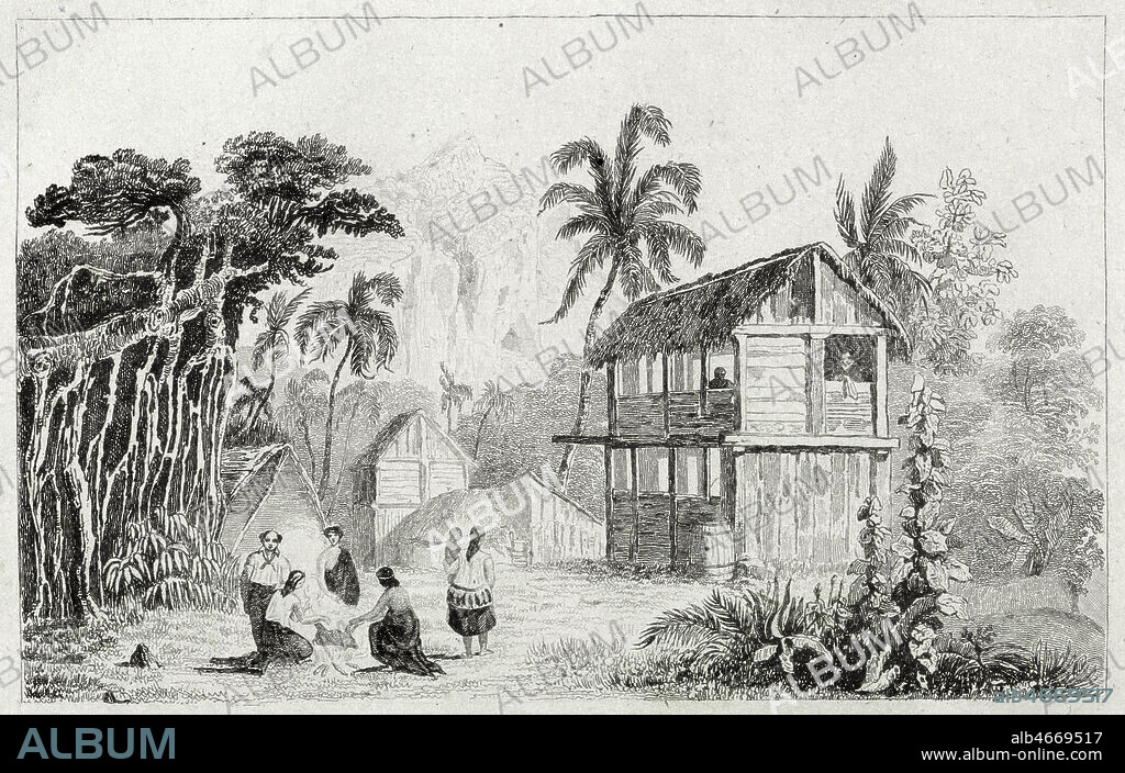 Interieur de l'ile Pitcairn avec les survivants et descendants des mutins de la Bounty. Illustration de 1836 par DANVIN (1802-1842) pour 'Oceanie, L'Univers pittoresque, histoire et description de tous les peuples...', par DOMENY de RIENZI (1789-1843). Credit : Collection Jonas/KHARBINE-TAPABOR.