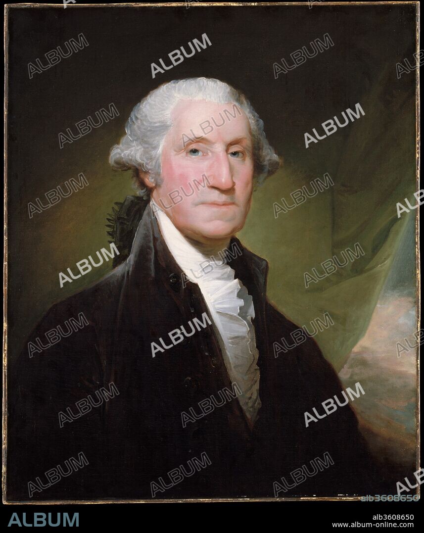 George Washington. Artist: Gilbert Stuart (American, North Kingston, Rhode Island 1755-1828 Boston, Massachusetts). Dimensions: 30 1/4 x 25 1/4 in. (76.8 x 64.1 cm). Date: begun 1795.
This portrait of President Washington, called the Gibbs-Channing-Avery portrait, is one of eighteen similar works known as the Vaughan group. The first of this type, presumably painted from life and then copied in all the others, originally belonged to Samuel Vaughan, a London merchant living in Philadelphia and a close friend of Washington. This original portrait by Stuart, painted in 1795 according to Rembrandt Peale, was subsequently acquired by Joseph Harrison of Philadelphia. While in Harrison's collection, Rembrandt Peale copied it many times. The version now in the Metropolitan Museum of Art, considered to be one of the earliest and best replicas, was sold to Stuart's close friend, Colonel George Gibbs, and subsequently descended in the Gibbs family.