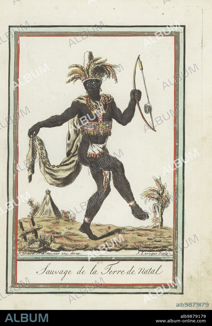 Zulu or Xhosa man of Natal, eastern South Africa. Dancing, wearing a feather headdress, long fringed cape, beaded chestplate and apron, holding a single-string gourd bow, uhadi or ugubhu. Sauvage de la Terre de Natal. Handcoloured copperplate engraving by J. Laroque after a design by Jacques Grasset de Saint-Sauveur from his Encyclopedie des voyages, Encyclopedia of Voyages, Bordeaux, France, 1792.