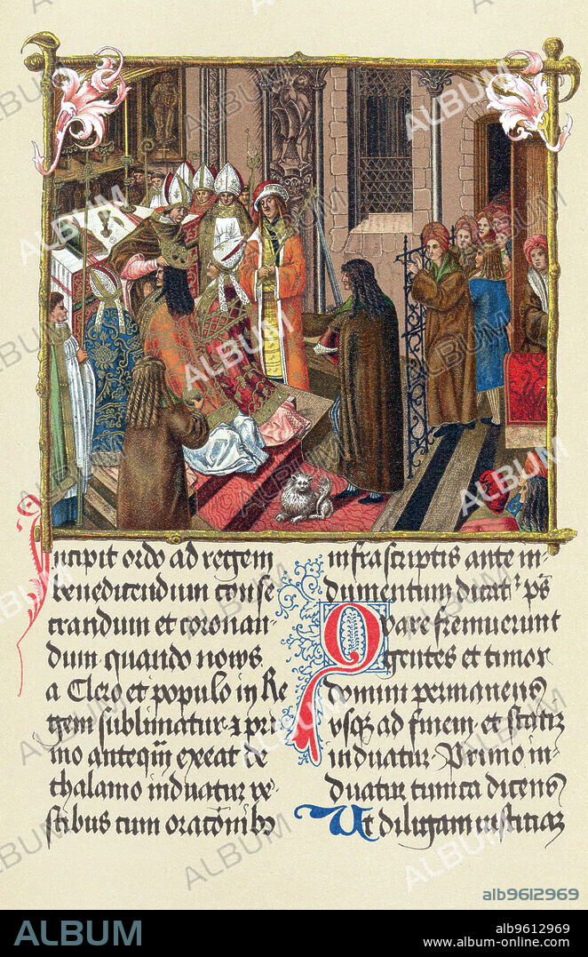Coronation of King Alexander I of Poland by the Archbishop of Gniezno (Gnesen), Krakow, 1501. Three keepers of regalia hold the orb, sword and sceptre, symbols of  kingship. Alexander the Jagiellonian (1461-1506) was elected Grand Duke of Lithuania in 1492, and was King of Poland from 1501-1506. From an illuminated manuscript in Czartoryski Library, Krakow.