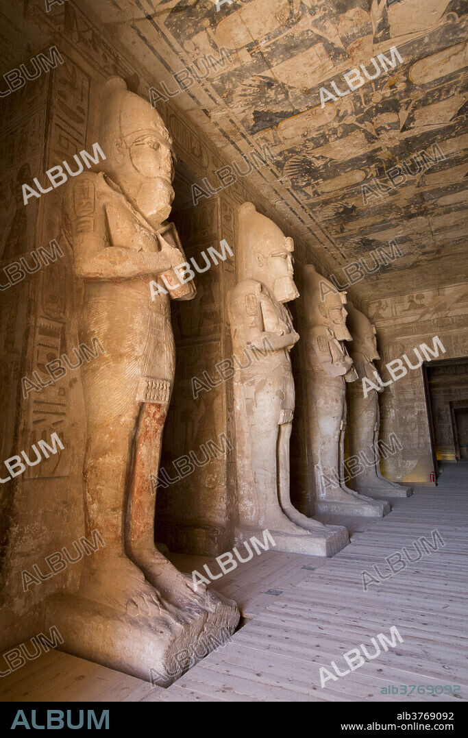 Statues of Ramses in the Osiris Postion, Hypostyle Hall, Sun Temple, Abu Simbel, UNESCO World Heritage Site, Egypt, North Africa, Africa.