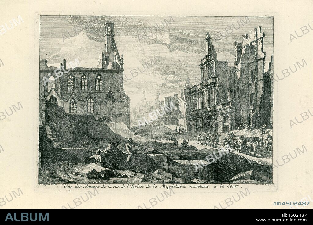 Ruins on the Magdalenasteenweg in Brussels, 1695 Vue des Ruines de rue de l'Eglise de la Magdelaine montant à Court (title on object) Perspectives of the ruins of the Brussels de Bruxelles (series title), Presentation of the ruins on the Magdalenasteenweg in Brussels after the bombing by the French, 13-15 August 1695. Twelfth print in the series of twelve., Devastated, ruined place or city (warfare), Brussels, Richard van Orley (II) (mentioned on object), Southern Netherlands, 1695, paper, etching, h 255 mm × w 385 mm.