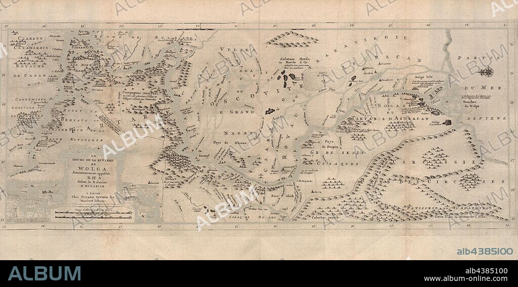 The Wolga River Course, formerly known as Rha 1, Map of the course of the Volga from Balachna to the mouth of the Caspian Sea from the 18th century, signed: Selon la Relation D'OLEARIUS., A LEIDE, Chez PIERRE VAN DER AA, Merchand Libraire, Fig. 24, after p. 396, Aa, Pierre vander (chez), 1727, Adam Olearius: Voyages très-curieux et très-renommez faits en Moscovie, Tartarie et Perse: dans lequels on trouve une description curieuse & la situation exacte des pays & etats, par où il a passé [...]. Bd.1. A Amsterdam: chez Michel Charles le Céne, 1727.