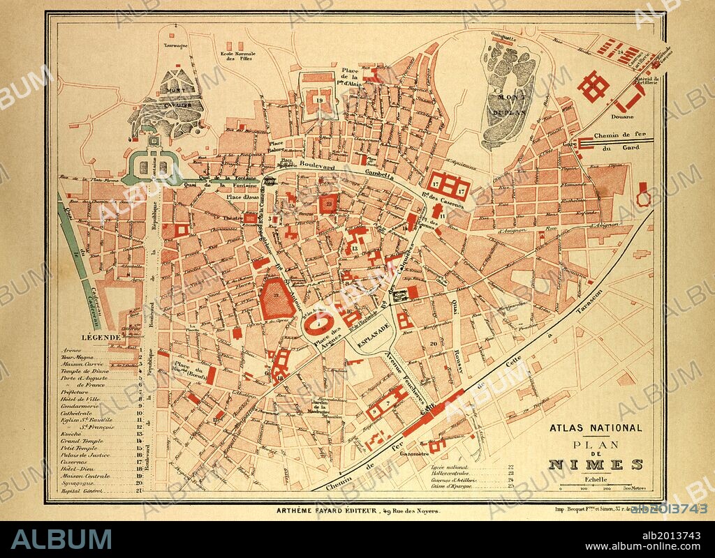 MAP OF NIMES, FRANCE.