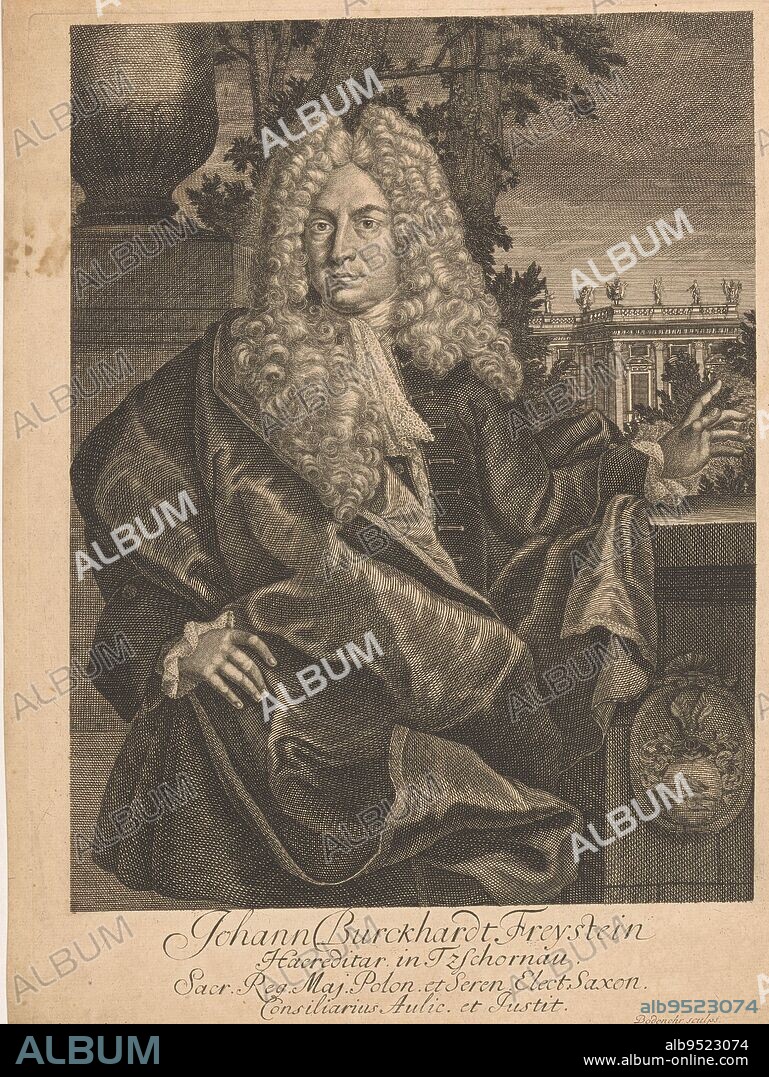 Portrait of Johann Burkhard Freystein, Moritz Bodenehr, after Louis Silvestre (II), 1675 - 1748, print maker: Moritz Bodenehr, (mentioned on object), after: Louis Silvestre (II), (mentioned on object), Dresden, 1675 - 1748, paper, etching, engraving, h 325 mm × w 241 mm.
