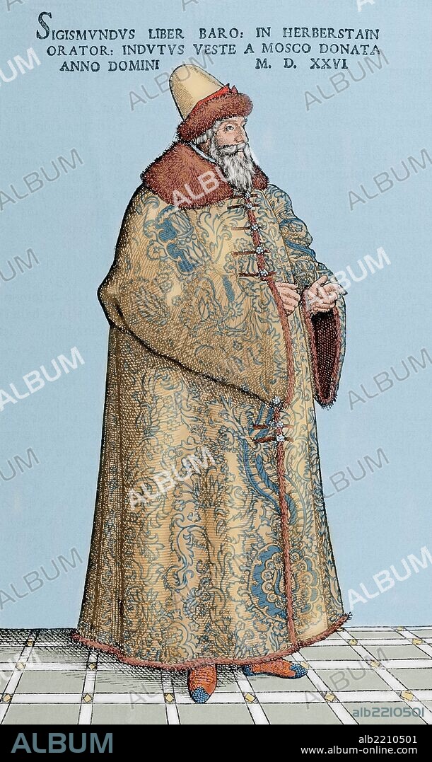 Siegmund (o Sigismund) Freiherr von Herberstein, o Barón Segismundo de Herberstein (1486-1566). Diplomático, escritor e historiador carniolense, así como miembro del Consejo Imperial del Sacro Imperio Romano Germánico. Ha sido especialmente reconocido por su extensa obra escrita sobre la geografía, historia y costumbres de Rusia, y contribuyó generosamente a expandir el conocimiento de Rusia en Europa Occidental. Grabado coloreado. "Historia Universal", 1885.