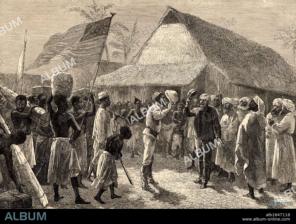 Dr Livingstone, I presume?' Henry Morton Stanley (1841-1904) Welsh-born American journalist and explorer meeting Dr David Livingstone (1813-1873) Scottish missionary and explorer of Africa at Ujiji, Tanganyika, East Africa, 10 November 1871. Engraving from "Heroes of Britain" by Edwin Hodder (London, c1880). (Photo by: Universal History Archive/UIG via Getty Images).