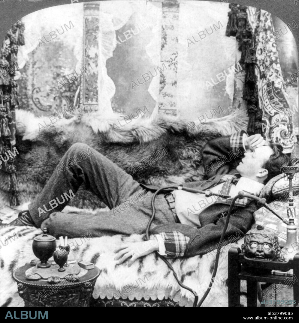 Entitled: "When bachelor dens cast over waking hours a loneliness so deep" shows a young man with opium pipe reclining on a sofa covered with furs. Opium is a narcotic drug obtained from the seeds of the opium poppy. It contains the chemicals morphine and codeine, as well as other alkaloids. The opium resin from the poppy is processed, and then burned in pipes. The smoker inhales the vapors from the burning resin. Opium is an addictive drug. In the 19th century and the early 20th century, opium smoking was common worldwide, especially in Asia, which was one of the sources of the opium poppy. Stereograph photographed by Underwood & Underwood, 1904.