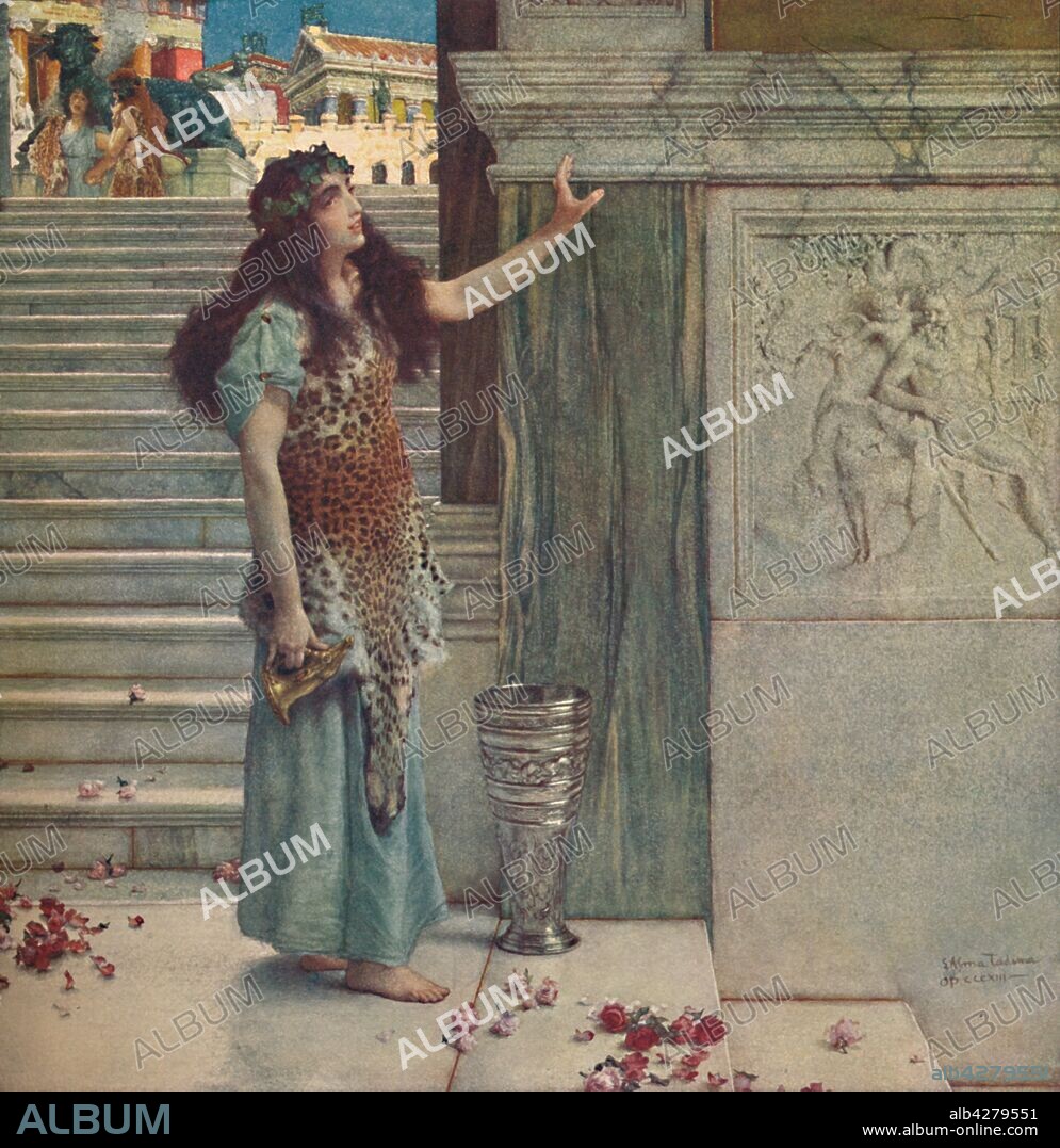 SIR LAWRENCE ALMA-TADEMA. 'Calling the Worshippers', c1893. Barefoot woman wearing a leopard skin, standing on marble steps strewn with rose petals. From "Modern Art Monographs".