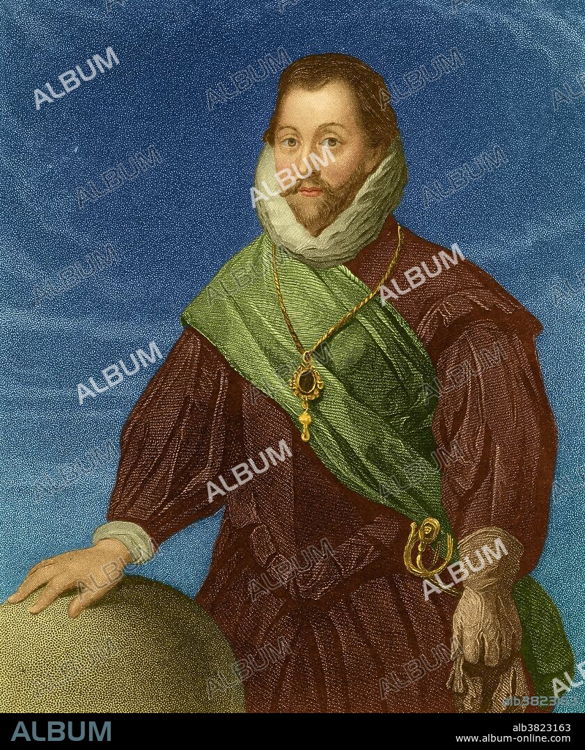 Sir Francis Drake, Vice Admiral (1540-1596) was an English sea captain, privateer, navigator, slaver, explorer and politician of the Elizabethan era. He was second-in-command of the English fleet against the Spanish Armada in 1588. He carried out the second circumnavigation of the world, from 1577 to 1580. He died of dysentery in 1596 after unsuccessfully attacking San Juan, Puerto Rico. His exploits were legendary, making him a hero to the English but a pirate to the Spaniards to whom he was known as El Draque. King Philip II was claimed to have offered a reward of 20,000 ducats, about $6.5 million by modern standards, for his life. Elizabeth I of England awarded Drake a knighthood in 1581.