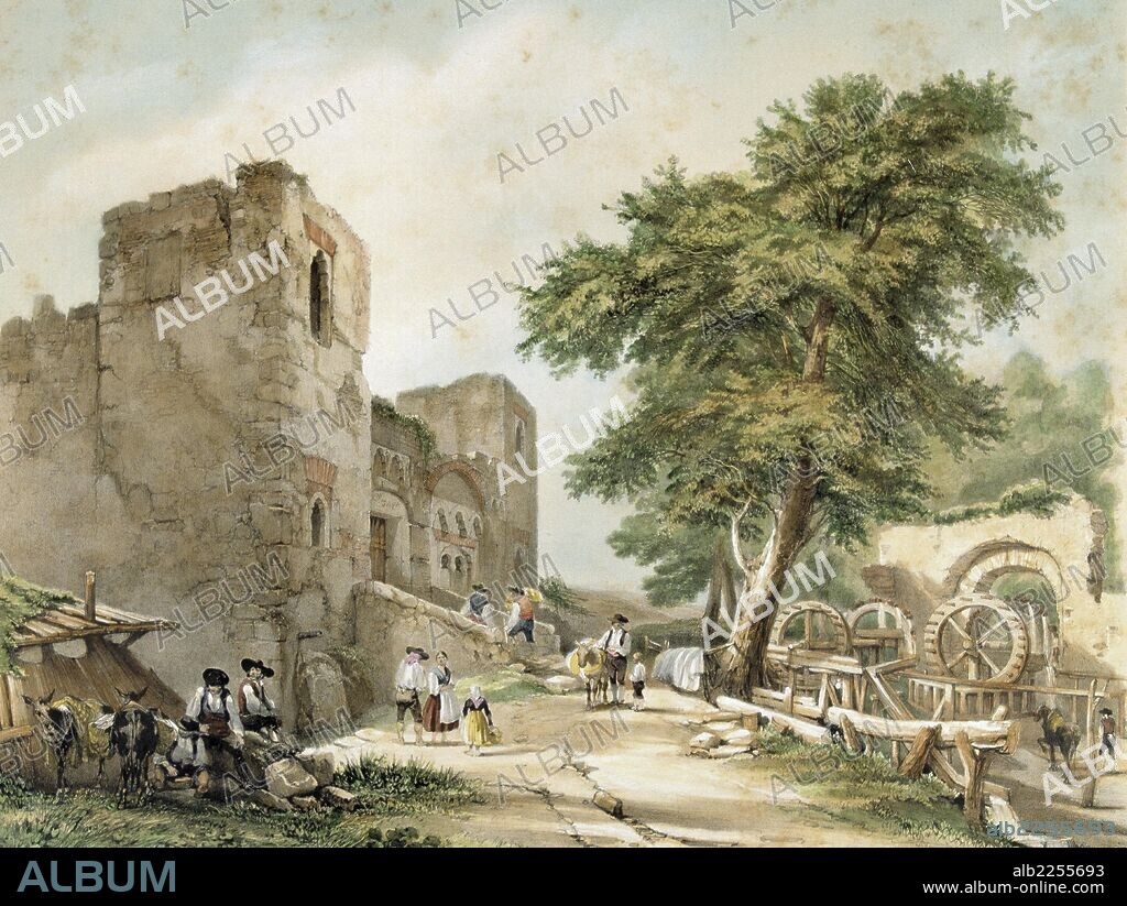 JENARO PÉREZ VILLAAMIL. TOLEDO. PALACIO DE GALIANA. RUINAS DEL PALACIO. DIBUJO DE GENARO PEREZ DE VILLAAMIL. PARIS 1842 - 1850.